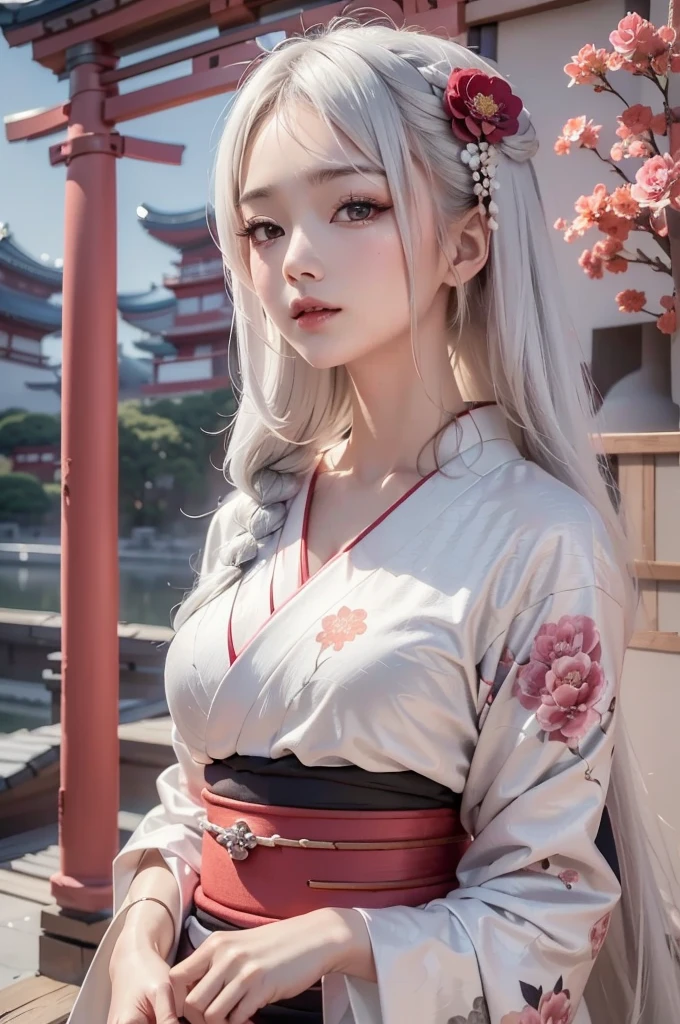 ((masterpiece:1.5,Highest quality,Beautiful images、Abstract、artistic、)(One person, solo)(Medium chest, Silver Hair、Long Hair、kimono, japanese cloth,Flower pattern kimono、Black and red kimono)(Profile portrait,Look at me sideways、Look at an angle、shake your head、Sad look, Floating Hair)(Gray background)((from the front:1.3)).face, style