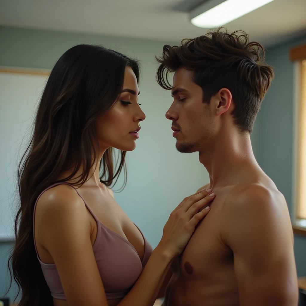 A man and a woman having sex for the first time in a classroom.