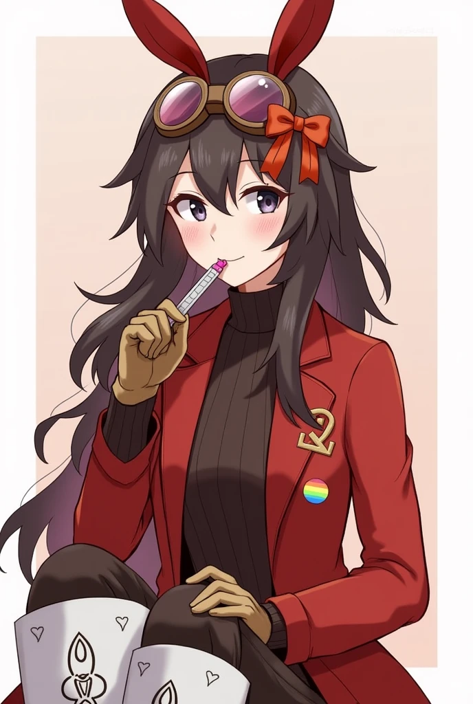 https://genshin-impact.fandom.com/wiki/Amber She have a dark brown hair and wears a red bow that is shaped like a bunny ears, brown pilot goggles, two small bags with leather belts, a red and brown glove, a Pyro sigil emblazoned on the red and orange ribbon, red jacket with long sleeves, a dark brown jumper outfit, and red stock on the white boots has symbols on it. She have a lesbian pin on her jacket. She syly smiles blushing. She have long dark brown hair! Lesbian pin on jacket. She have pocky stick in mouth.