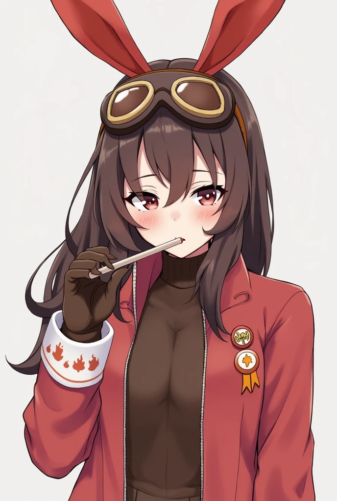 https://genshin-impact.fandom.com/wiki/Amber She have a dark brown hair and wears a red bow that is shaped like a bunny ears, brown pilot goggles, two small bags with leather belts, a red and brown glove, a Pyro sigil emblazoned on the red and orange ribbon, red jacket with long sleeves, a dark brown jumper outfit, and red stock on the white boots has symbols on it. She have a lesbian pin on her jacket. She syly smiles blushing. She have long dark brown hair! Lesbian pin on jacket. She have pocky stick in mouth. 