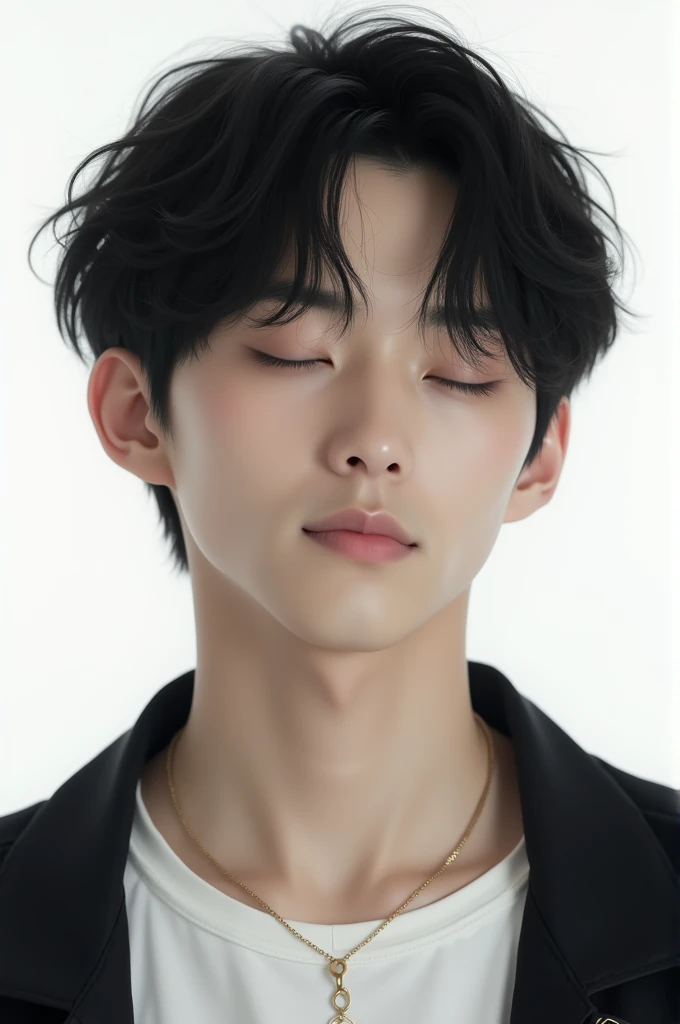 1boy, male_focus, solo, jewelry, necklace, white_background, black_hair, upper_body, simple_background, jacket, profile, shirt, closed_eyes, black_jacket, white_shirt