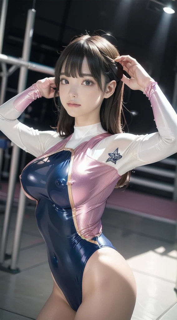 woman:1 person, ((Highly detailed skin), Beautiful realistic face, White skin, Pointed Chest, Erect nipples, Perfect Anatomy, Realistic eyes, Very beautiful eyes, Brown eyes, Accurate eye focus, Accurate limbs), (Hyper Realist, Ultra-realistic, 4K, Attention to detail, Ultra-high resolution, Highest quality, masterpiece, before, dynamic, bold, Sharpness), (Thinning hair:2), (Soft Hair:2), (Straight hair:1.5), length, sleek bangs, Very light coppery amber hair, Hair on one eye, Twin tail hair, (Female gymnast, Detailed costume, wearing a long sleeve leotard:1.5), Glossy long-sleeved leotard, Moneyの長袖レオタード, Silverの長袖レオタード, Metallic Colorの長袖レオタード, Racing long sleeve leotard, Gymnastics length Sleeve Leotard, High leg long sleeve leotard, length sleeve leotard with aurora colored crystals, ({pink| Money| Silver| wine-red| navy| purple| Metallic Color|}length sleeve leotard colors), Big Breasts:1.2, expensive, length, Thin limbs, The long-sleeved leotard is digging into her buttocks, whole body, barefoot, Looking into the camera, Sexy pose, (gymnastics arena:1.3), Nikon, Canon,