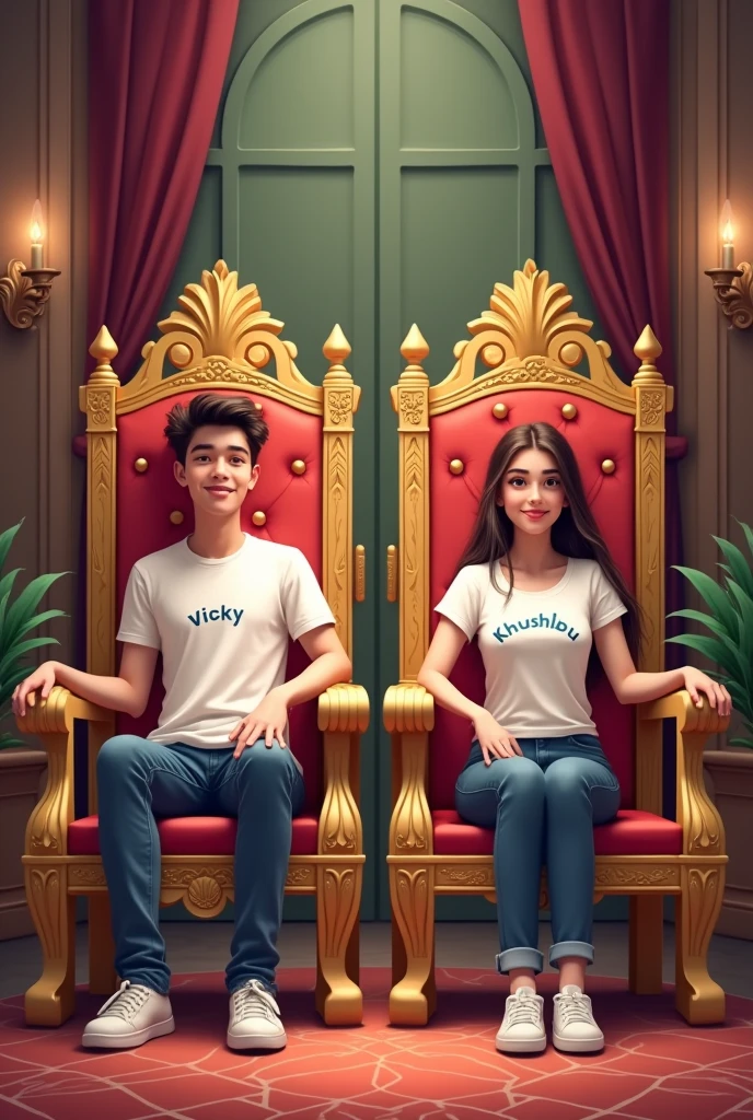 Ek image banao jisme ek ladka ladki dono ek king aur queen jaise alag alag singhasan par baithe ho aur dono white t-shirt kapde pahna ho aur larka ke kapde par Vicky likha ho aur ladki ke kapade par Khushbu likha ho