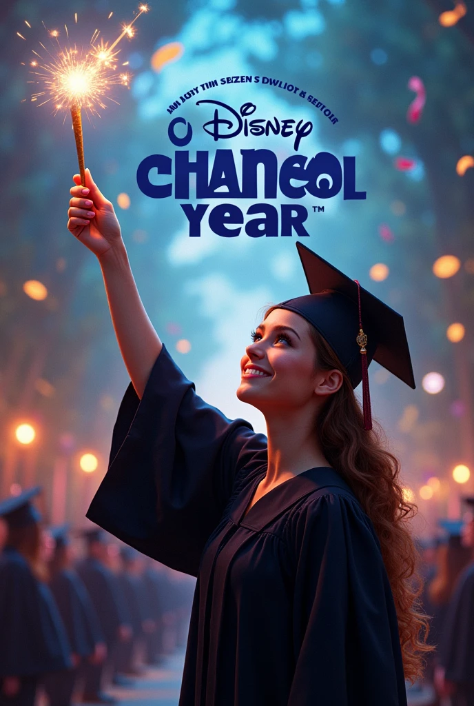 Create an image of a female graduate making the Disney Channel logo with a wand, just like in the intro of this channel in 2010, and also have the phrase "We are promo 66 and you are watching our senior year"