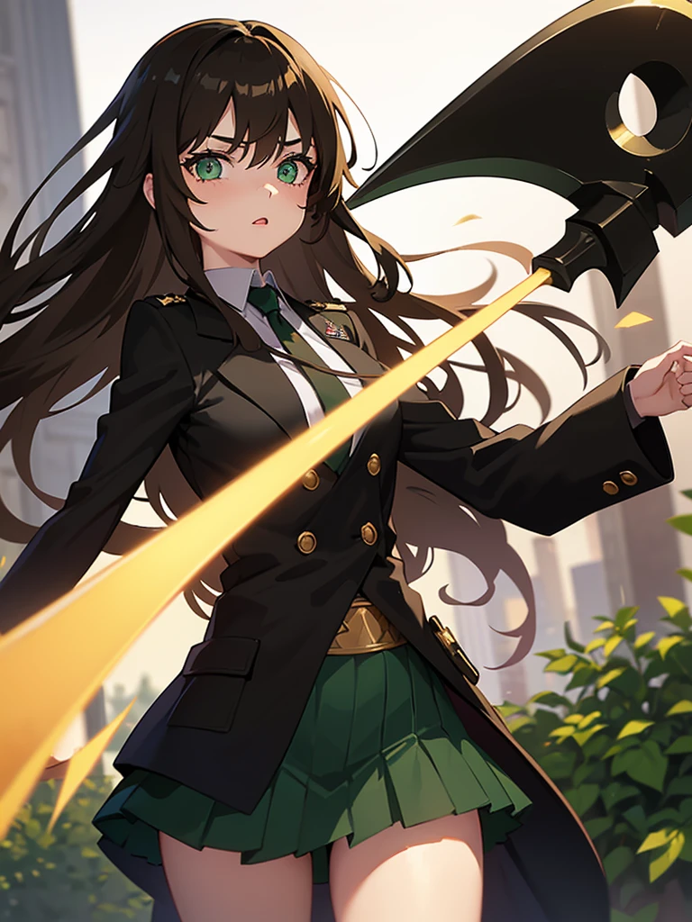 a 20 year old girl, with semi-long brown hair, bright emerald green eyes, with rosy lips, some freckles and wearing a black uniform with a short skirt that is open on one side and a short, open black jacket, with golden buttons, wielding a scythe with cursed powers