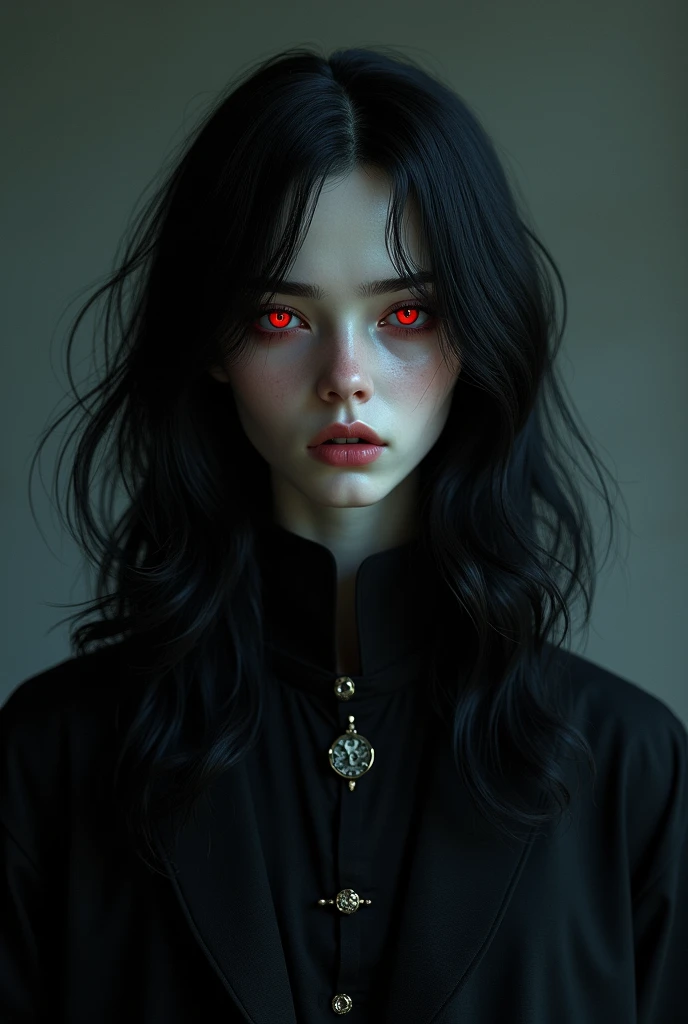black hair,red eyes,long hair,boy