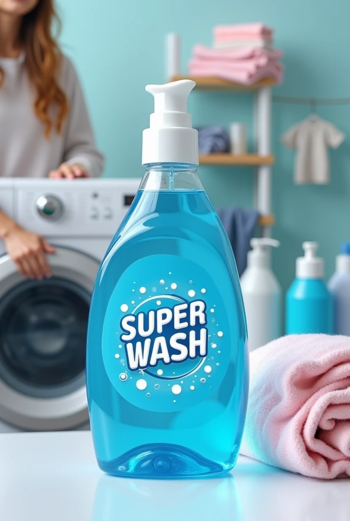 Super wash logo on liquid detergent  Ocean Blue transparent clear liquid bottle with Laundry  background and wishing machine with lady