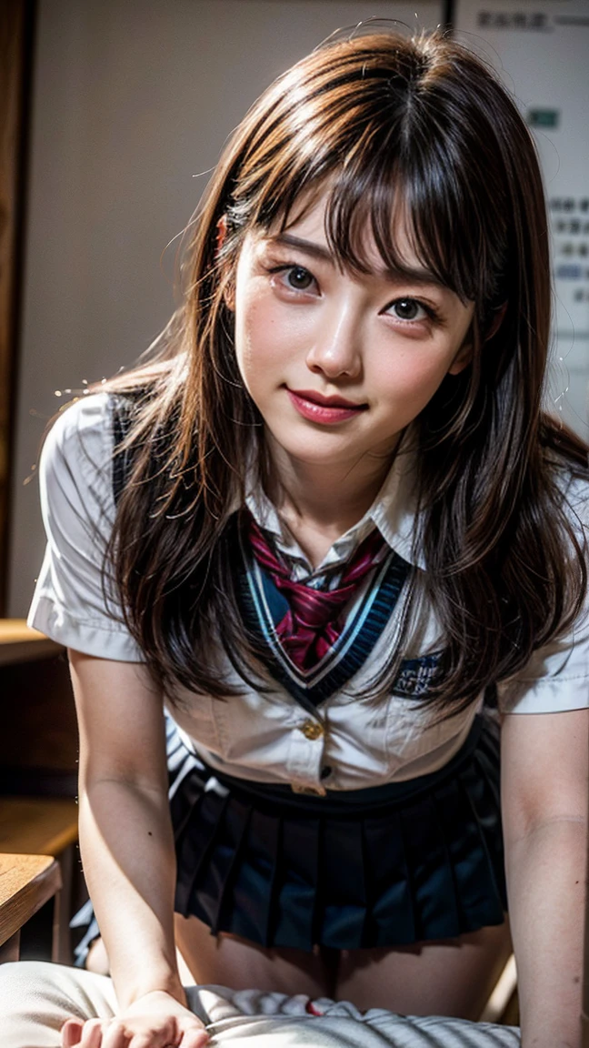 8k, RAW Portrait (Japanese women),masterpiece、Photorealistic:1.3、Realistic, Ultra-high resolution, Highest quality, Real Life Photos ,( in the evening :1.1), (((lifts her skirt in the room to show her butt)))、((Please lie face down.:1.5))、(Beautiful Face:1.1),((Japanese schoolgirl))、((Genuine ))、((Japanese High School Uniform:1.6))、(Pleated skirt)、In the classroom、 ((Dark brown eyes:1.2))、(Realistic skin texture:1.3)、(Immersive atmosphere:0.8、Chiaroscuro:1.2) 、(Show Viewer:1.3)、((Embarrassed look))、((blush:1.3))、((From belowの天井:1.2))、(smile:1.2)、((((She's wearing very small silk lace panties))))、((Panty pussy insertion shot:1.4)))、((A woman rolling up her skirt))、((From below:1.4))、((Ass close up:1.42))、((Hipshot))、((Spread your legs out to the side:1.4))