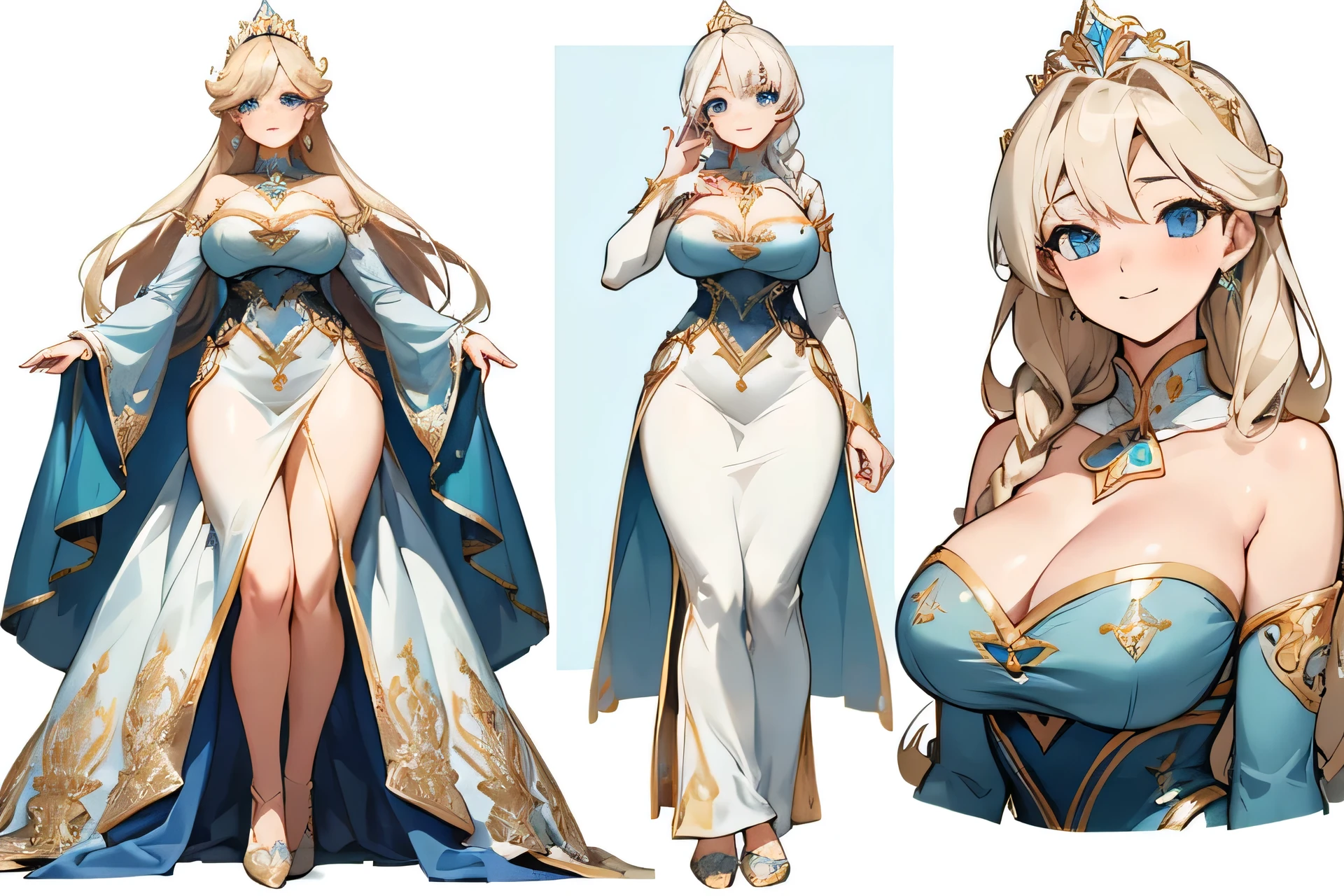 ((masterpiece, best quality)), Detailed face, Character table, whole body, Full of details, Various poses and expressions, Very detailed, depth, many parts, 1 beautiful girl, (Huge breasts) 《Frozen》Elsa in, blue eyes, View viewer, curvy body (length, curls), sensual body, She wears a white princess dress with golden details, Head adorned with jewels and gold ornaments, Smile