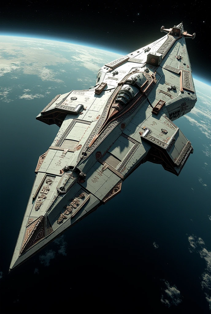 photorealistic long scifi super dreadnought spaceship in Earth's orbit, inspired by ancient greek war ships, mythology and history 

