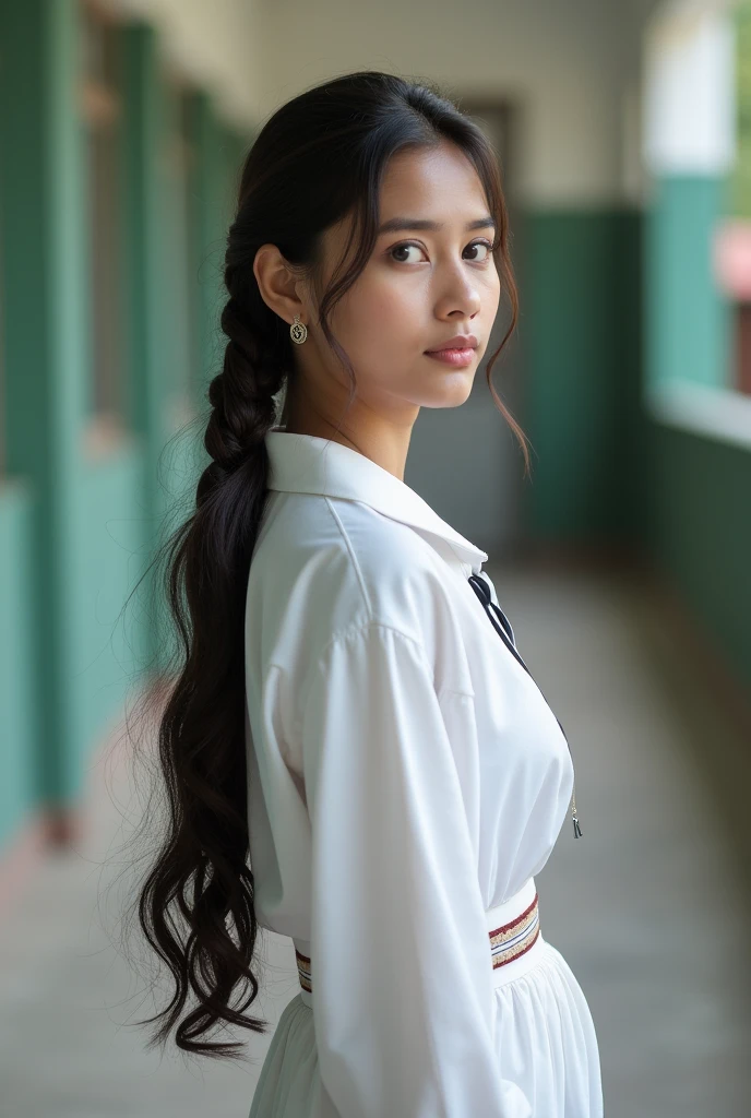 there is a sri lanka 20 years old cute woman wearing a tie, wearing white frock, wearing a school uniform, assamese aesthetic, school girl, dressed as schoolgirl, of a schoolgirl posing, cute schoolgirl, teenage female schoolgirl, profile pic ,with long hair, girl with plaits,huge ass,huge ,looking at her own ,