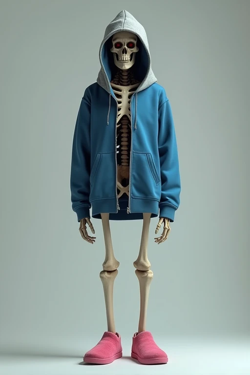 Skeleton！With eyes fixed on、It's not a person to wear clothes！Clothes are blue hoodie！Wearing a gray hood！don&#39;t cover！Lower the height quite a bit！I don't need fruit lol good！Open the zipper of your hoodie！The zipper is completely open.！Wearing pink slippers！My legs are so short!！a little longer legs！