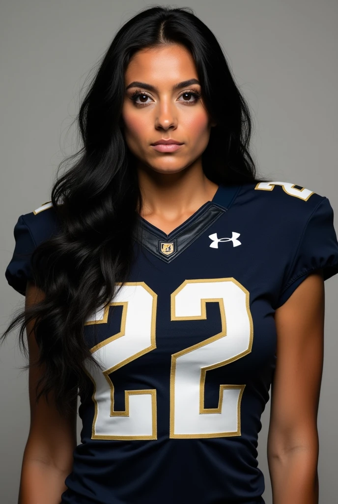 A photo of Emma Hughes, a quarterback for the female UCF Knights football team. Number 22. Very tall, very busty, very long black hair, Caucasian.