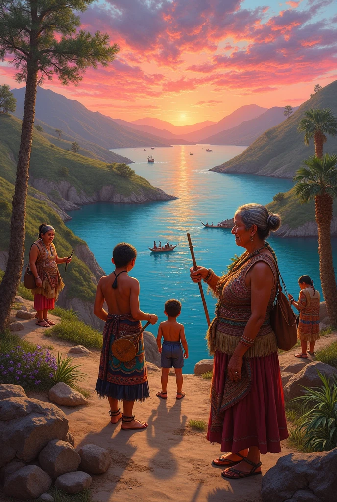 You can generate an image of an oil painting of the following: changos and diaguitas creating characteristic art, with hills in the background at a sunset with pink and orange tones, chango fishermen with their boats in the distance, guanacos looking for food in the hills, Hunters drying leather and roasting fish outside their homes, Craftswomen painting vases, while their sons and daughters play and in the foreground an elderly woman looking at the horizon at sunset , Changos fishermen in their boats far out at sea