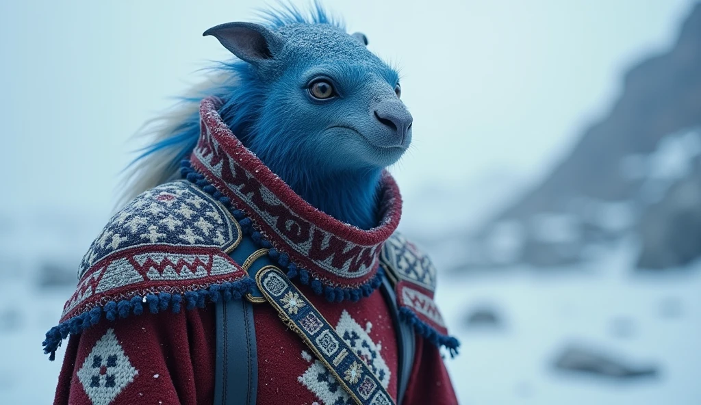 Iceland as a nordic League of Legend creature in ultramarine blue, white and red colors. Intricated clothing. Cinematic Fantasy sci-fi landscape background
