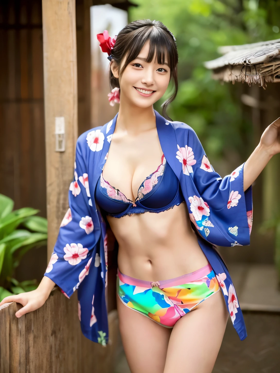 A 20-year-old woman with a cute face like a top Japanese idol、looks young、very friendly、Smiling Kindly、(kimono、yukata)、(((Colorful floral pattern(丈が短いkimono)))、(((kimonoめくり(kimonoの裾を上げる)))、(((Beautiful thighs(Sexy panties are in sight)))、Cleavage、Highest quality、masterpiece