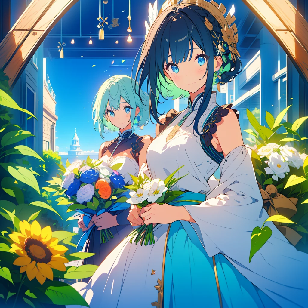 A girl with long dark brown hair and green eyes、A girl with short white hair, blue mesh and lapis lazuli eyes.、Highlight on eyes、celebration、bouquet、Detailed facial expressions、smile