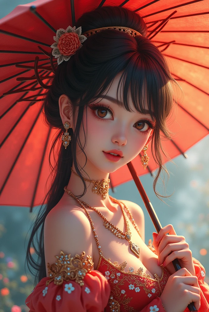 anime girl, hanumanji, hanumanji holding umbrella, 1 girl, detailed face, detailed eyes, detailed nose, detailed lips, intricate detailed ornate jewelry, beautifully ornate dress, elegant pose, (best quality,4k,8k,highres,masterpiece:1.2),ultra-detailed,(realistic,photorealistic,photo-realistic:1.37),award winning, highly detailed anime style, vibrant colors, dramatic lighting, cinematic composition