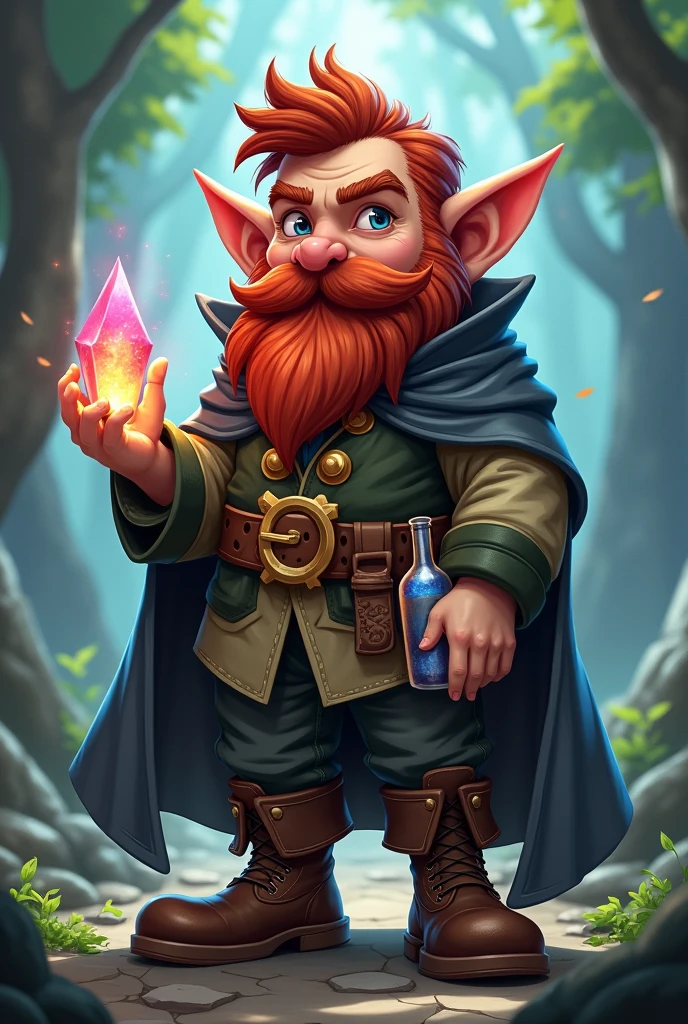 Dnd rock gnome, 30 year old man, 3 foot tall, short trimmed beard, fantasy warlock, wearing magic crystal, red or brown hair, wearing a grey cloak, drinking a potion bottle, wearing pirate boots, anime, 2d