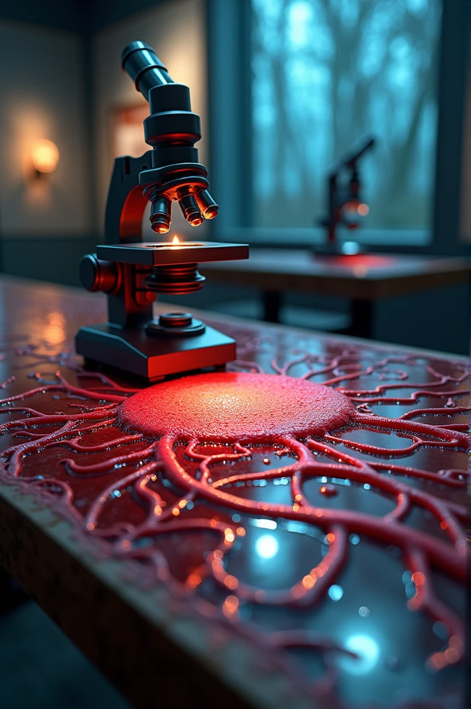 table with a microscope on top, with veins and drops of blood, for a science expo