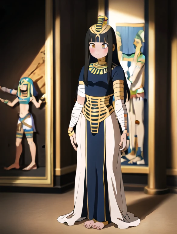 realistic,photorealistic,photo-realistic:1.37,HDR,UHD,studio lighting,ultra-fine painting,sharp focus,physically-based rendering,extreme detail description,professional,vivid colors,bokeh,anime style,egyptian mummy,ancient egypt,bandages,long gown,full body portrait