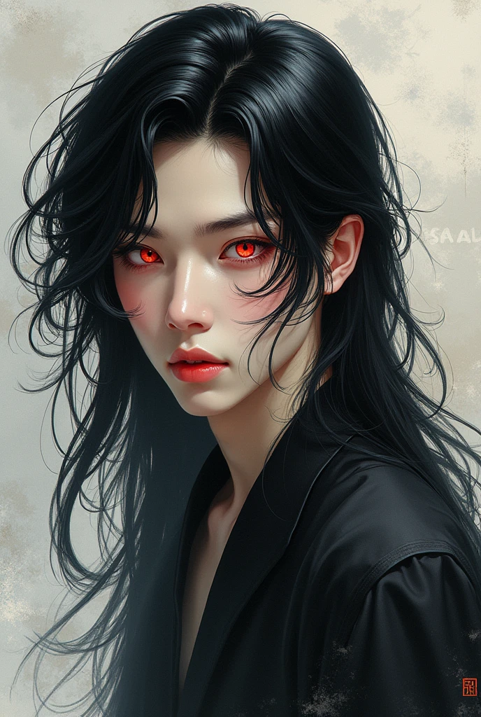 black hair,red eyes,long hair,boy,Oriental beauties