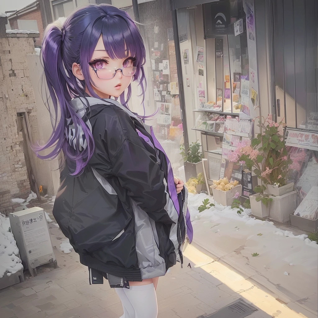 A girl with purple hair is standing in front of a store wearing a black jacket., Gwaiz, artwork in the style of Gwaiz, Anime Moe Art Style, Gwaiz on pixiv artstation, Gwaiz on artstation pixiv, Anime Style 4 k, Cute anime visuals, Anime Style. 8k, Gwaiz masterpiece