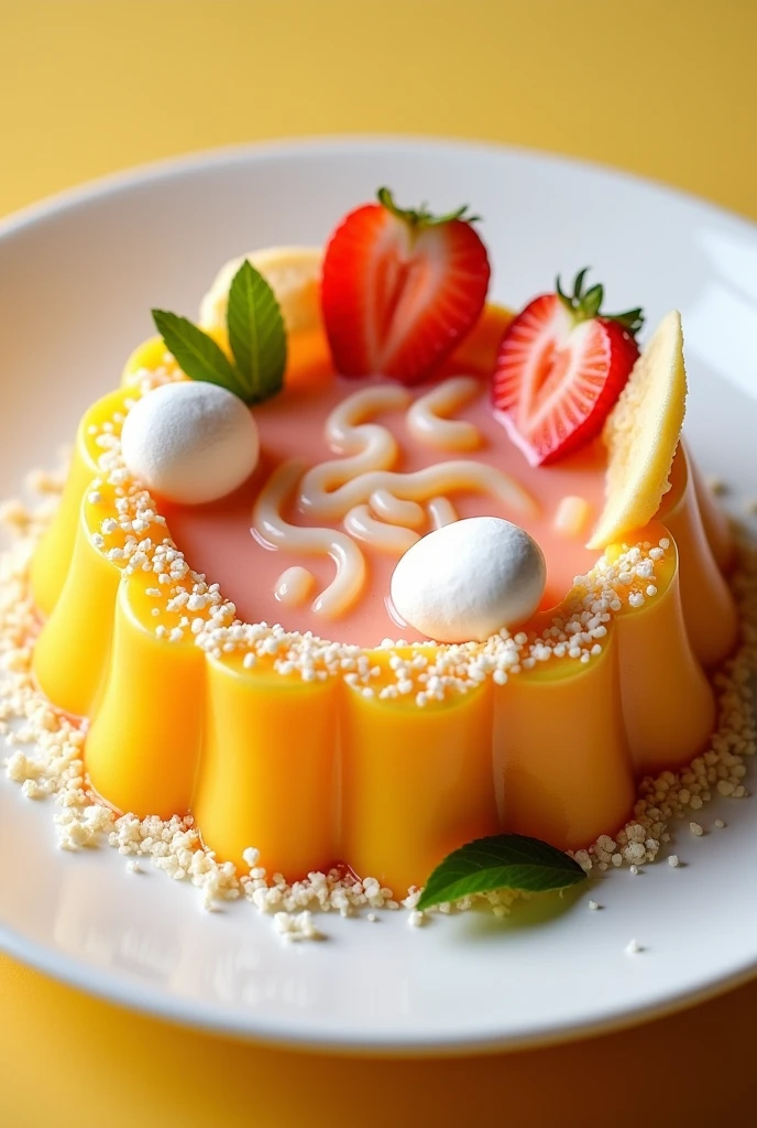 And bol con fideos de gelatina de mango, servido en And caldo de leche de coco con sirope de fresa. Toppings may include strawberry slices, Narutomaki shaped cookies, And "egg" de malvavisco y Anda decoración con hojuelas de coco tostado