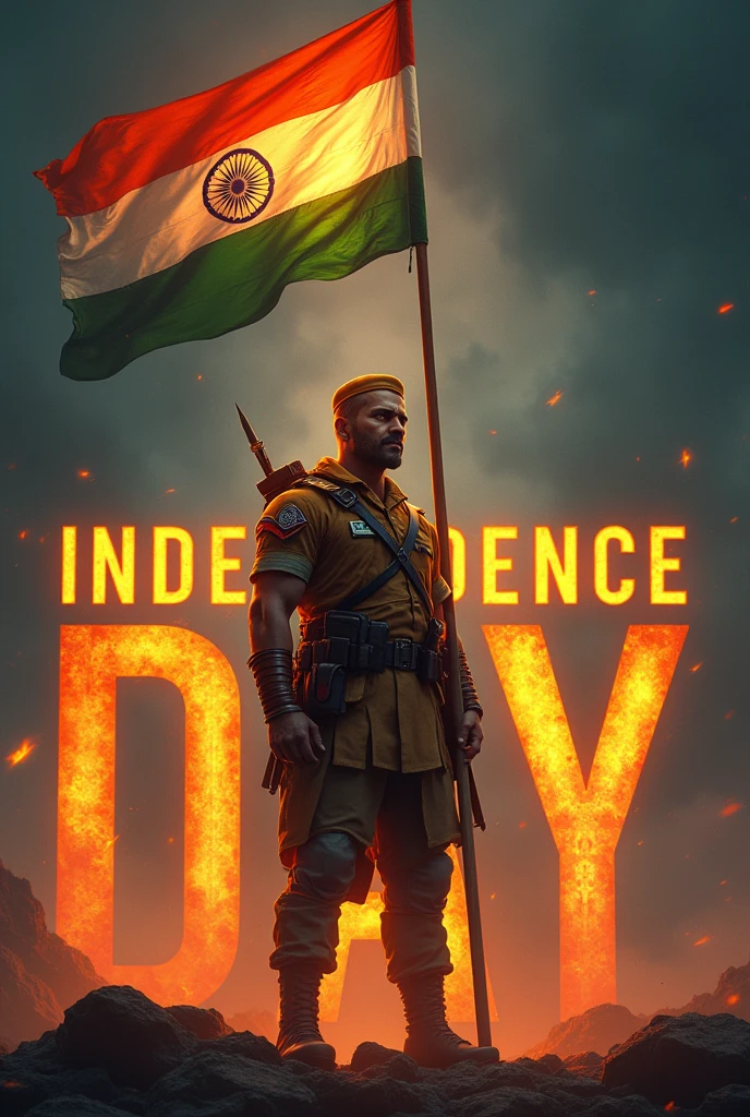 A warrior holding Indian flag that's  glowing and in the background in big capital letters INDEPENDENCE DAY is written 