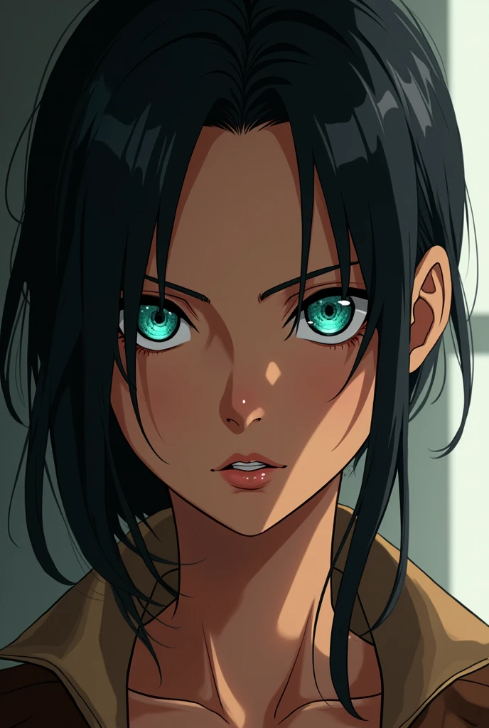 Make a girl who looks like Eren and Levi, she has black hair, turquoise eyes, bronze skin and eyes like Eren Jaeger from the anime attack on titan