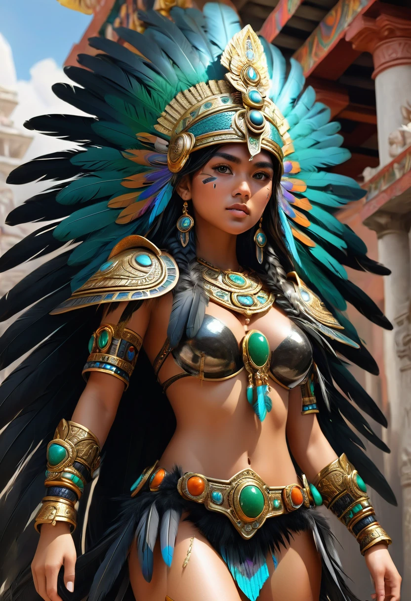 ((best quality)), ((masterpiece)), (detailed), perfect face 1 young girl,Aztec warrior goddess, beautiful, perfect, una Aztec warrior goddess, cara perfect, perfect body, medidas perfects, Perfect medium breasts, perfect waist and thighs, brings su armadura,(gilded with obsidian and jade), and gemstone inlays, armor worthy of a goddess, (she is surrounded by a divine aura), brings un hermoso_big and (majestic headdress) of feathers of colorful feathers, (very intricate design), (Exotic feathers), brings (obsidian macuahuitl), the weapon of a god,