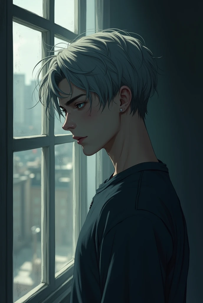 anime digital, a guy standing near a window smoking a cigarette with white skin and medium-short gray hair, a bitter expression with small eyebrows, A singer from the band Tokio Hotel wearing a shirt, looking tired with honey-colored eyes, with small wounds on his face, anime