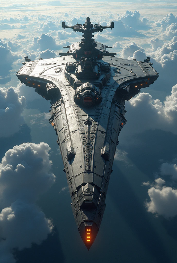 photorealistic long scifi super dreadnought spaceship in Earth's orbit, inspired by ancient greek war ships, mythology and history 

