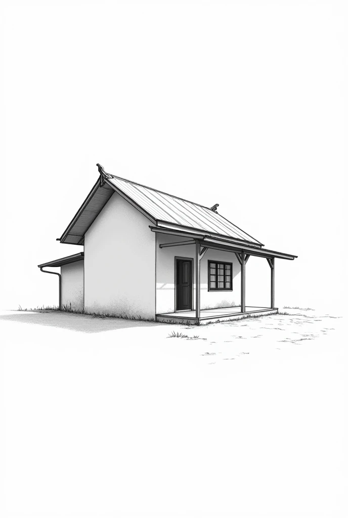 Malay kampung house, Detached, Narrow entrance exterior, Correct perspective, line-drawing, outlines, Medium omission, unmanned, grayscales