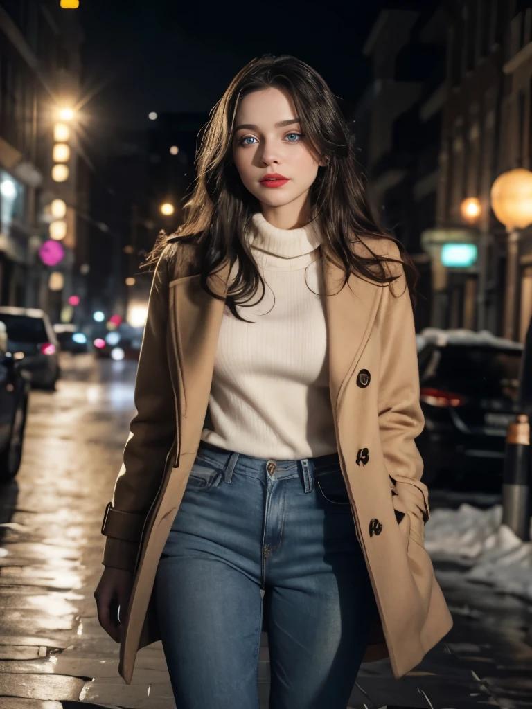 Caucasian woman; ((black hair)), wavy hair, long hair, hair parted in the middle; blue eyes, ((striped eyes)), ((highlight blue eyes)), Bright eyes, (eyes with reflections); ((red lipstick)), (bright lips), constitute; smile, ((athletic body)), (medium breasts), (((legs))); Standing in the snowy city, ((wearing a brown coat)), ((coat over beige sweater)), ((brown pants)), (many people), Realistic, cinematic lighting, bokeh, edge lighting, backlit; side shot.