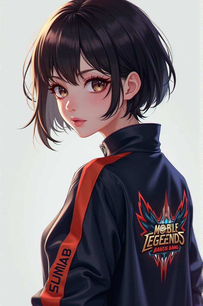 Anime Woman side head facing back wearing jacket with the logo of mobile legends bang bang with my last name SUMIQIAB