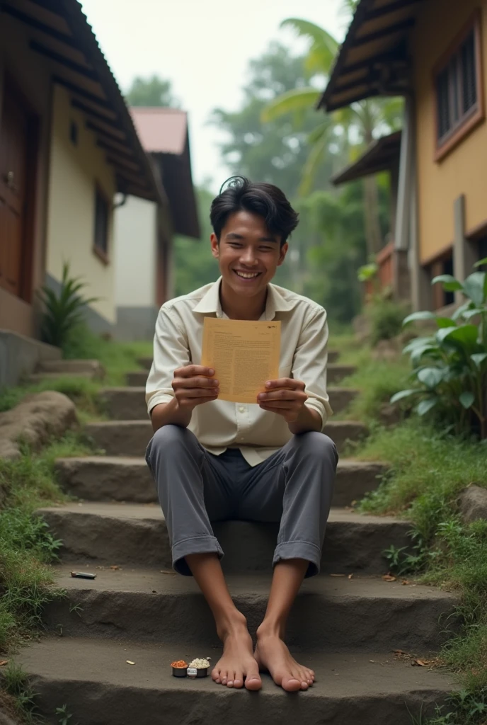 young malay man smile look at love letter put powder. Sit on stair Malaysia village. Era 90
