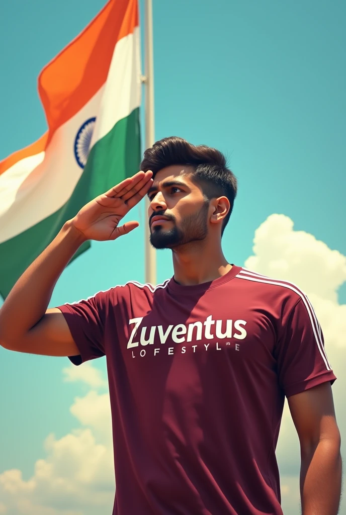 Make AI images where a guy is saluting the Indian flag and in his shirt "Zuventus Lifestyle" written there, text is in maroom colour. 