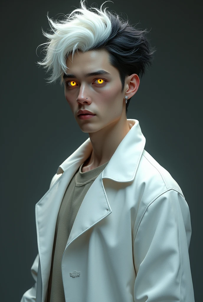 beautiful young man, Tall man, Scrawny, labcoat, German, white hair with black gradient, deep yellow eyes, 