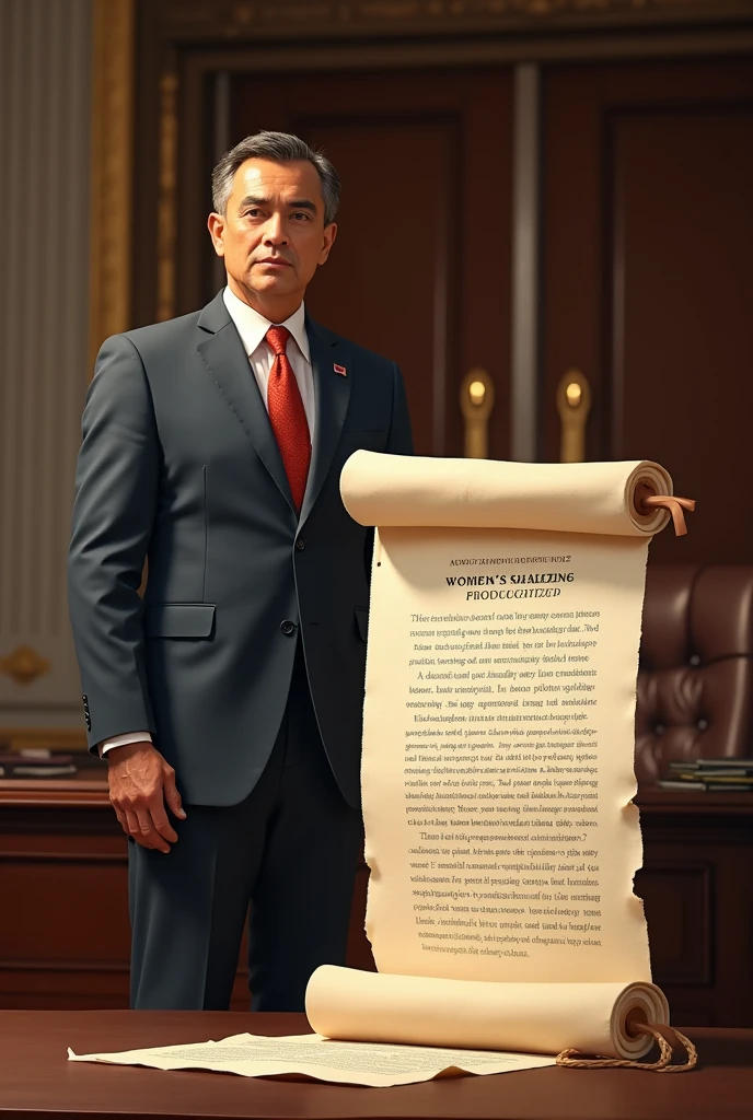 Promise List: Next to the politician, show a long scroll or a stack of papers labeled "Promises for Women’s Safety & Empowerment" with bullet points or highlights to show the commitments.
