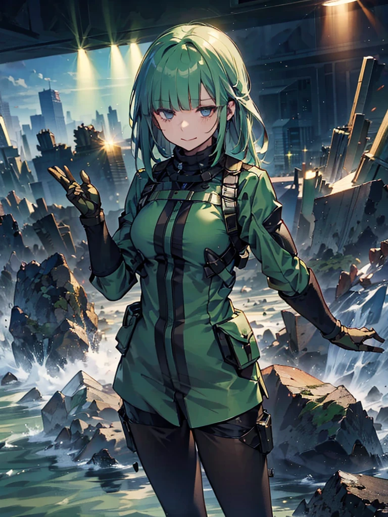 Empty City, A town above the clouds, Sky City,Black Eye,with long green hair,Green combat suit, Attention,In the spotlight