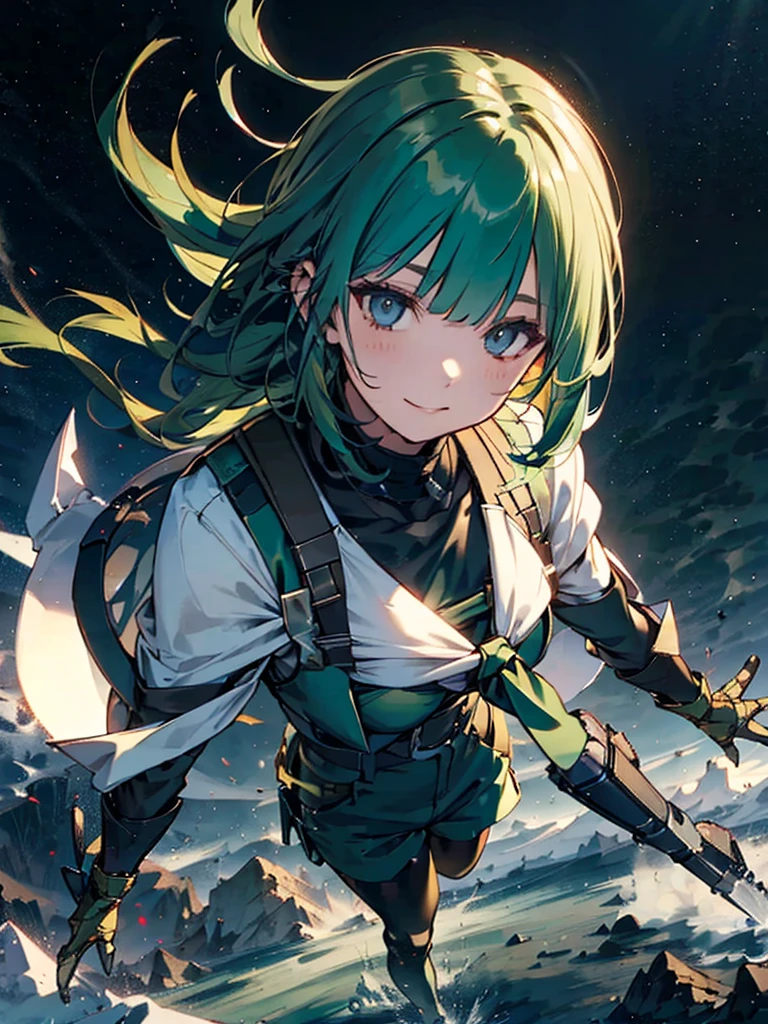 Empty City, A town above the clouds, Sky City,Black Eye,with long green hair,Green combat suit, Attention,In the spotlight