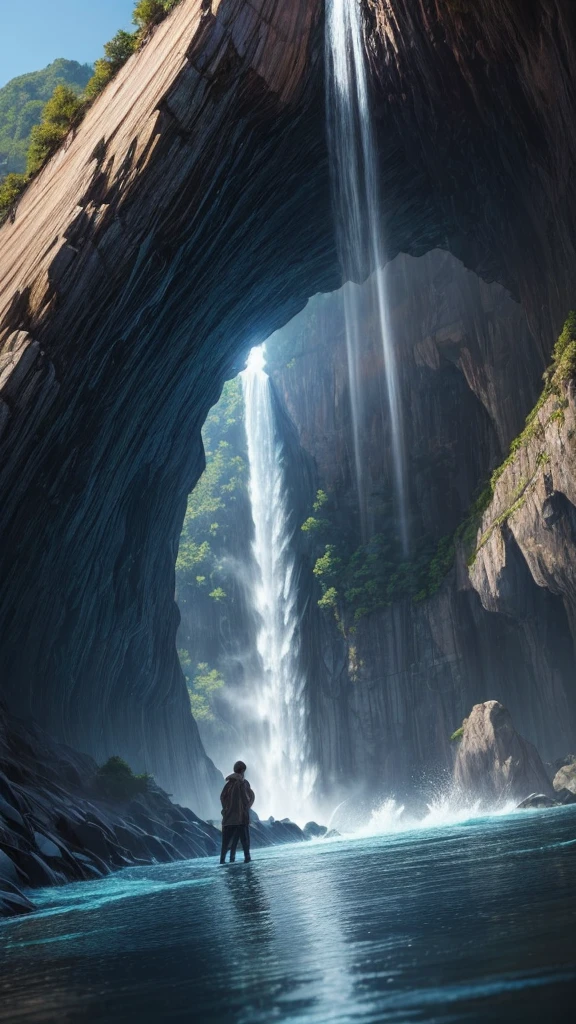 a ((Low angle shot: 1.5)), From beneath an epic waterfall, There is a majestic waterfall flowing from a majestic cliff., ((Standing very close to the waterfall)) The water really fell., Rainbow reflected on the water, Energetic, 超high resolution, High contrast, (masterpiece:1.5), best quality, Best aesthetics), The finest details, best quality, high resolution, 16K, (Extremely detailed: 1.5), masterpiece, best quality, (Extremely detailed) Raw, (Ultra Detailed, masterpiece, best quality), Money basket art style, ral-czmcrnbw