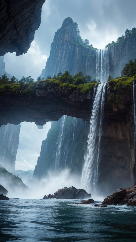 a ((Low angle shot: 1.5)), From beneath an epic waterfall, There is a majestic waterfall flowing from a majestic cliff., ((Standing very close to the waterfall)) The water really fell., Rainbow reflected on the water, Energetic, 超high resolution, High contrast, (masterpiece:1.5), best quality, Best aesthetics), The finest details, best quality, high resolution, 16K, (Extremely detailed: 1.5), masterpiece, best quality, (Extremely detailed) Raw, (Ultra Detailed, masterpiece, best quality), Money basket art style, ral-czmcrnbw