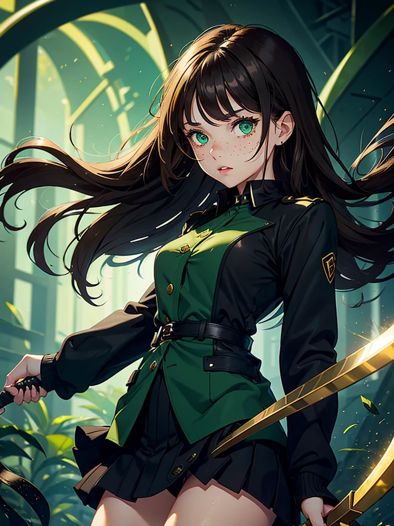 a 20 year old girl, with semi-long brown hair, bright emerald green eyes, with rosy lips, some freckles and wearing a black uniform with a short skirt that is open on one side and a short, open black jacket, with golden buttons, wielding a scythe with cursed powers