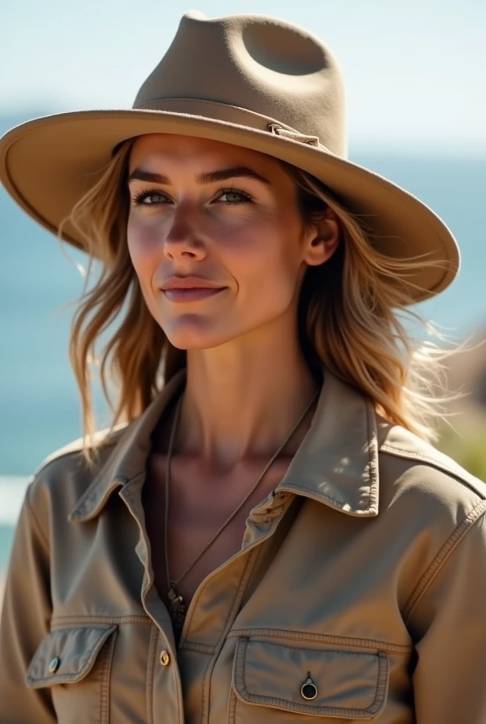 Hat: A travel-friendly wide-brimmed fedora in a neutral shade, offering protection from the sun. 
