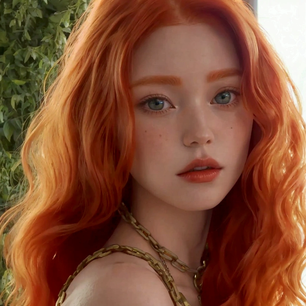 a close-up of a redhead woman with a chain around her neck, she has long orange hair, sadie sink, Orange peel and long fiery hair., red hair and attractive features, redhead goddess, ginger wavy hair, Red head, She has long orange-brown hair., redhead girl, with red hair and green eyes, hada ellie bamber