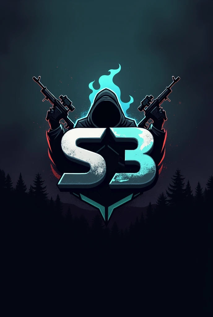 Create a logo for my Call of Duty Warzone clan called S3 that looks professional, dark, but with a little color, that contains a ghost and weapons but still looks professional