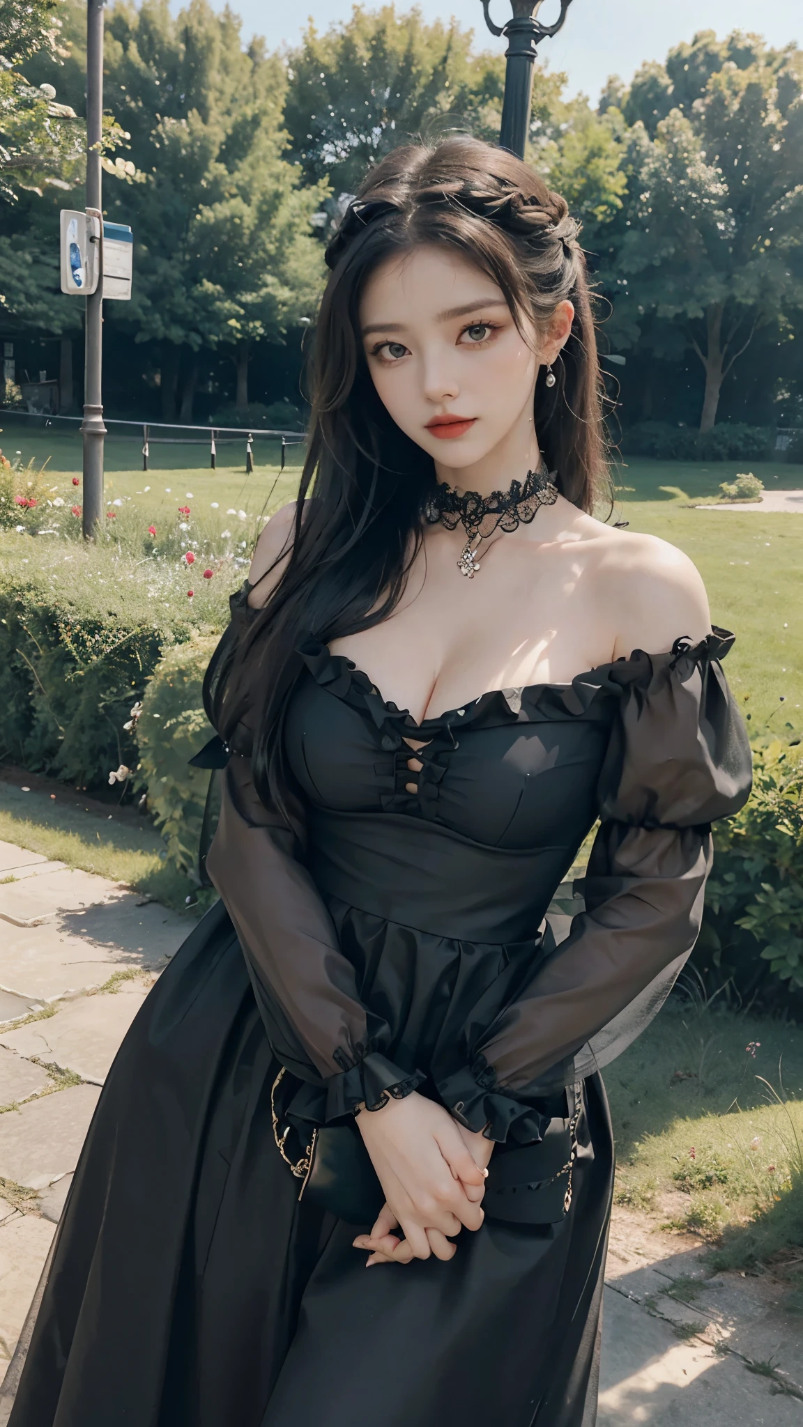 (masterpiece:1.2), (best quality:1.2), perfect eyes, perfect face, perfect lighting, 1girl, mature female gothgal standing with her hands in front, long hair, intricate hairdo, makeup, black lips, thick eyelashes, sad, melancholy, wearing a gothgal outfit, black and white dress, frills, ribbons, puffy sleeves, bare shoulders, lacey choker, jewelry, peaceful, quiet, chill, detailed outdoor background, beautiful landscape, fantasy, summer, sunny, sunburnt, flowers, trees  