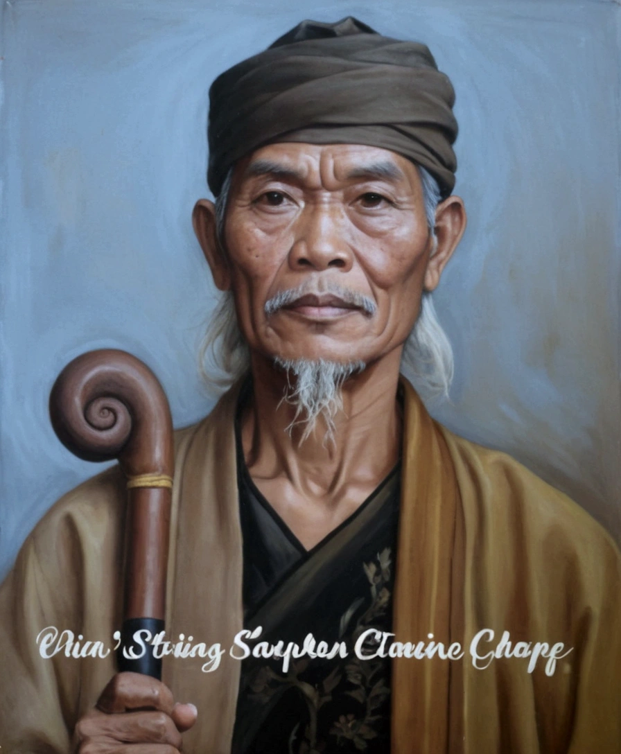 painting of an old indonesian  handsome man with a wooden cane and using a traditional javanese men's clothing